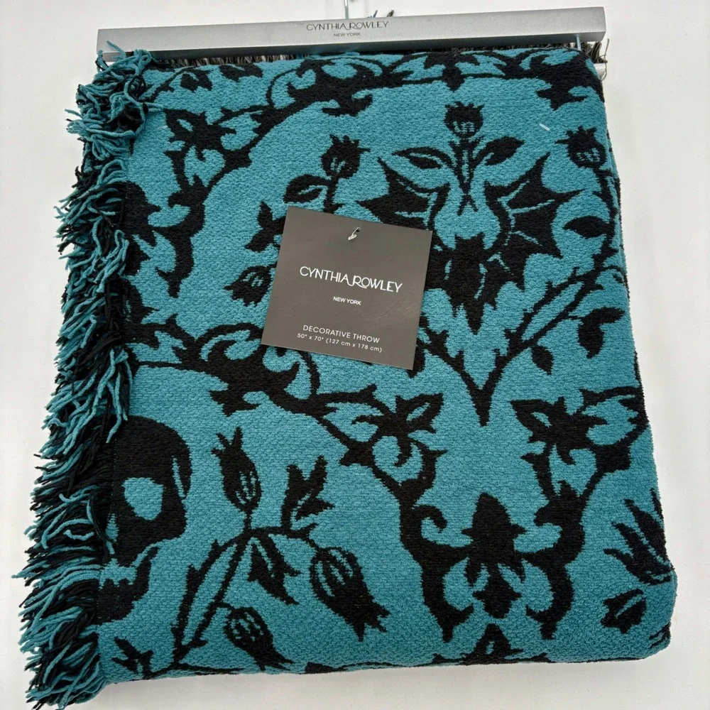 Cynthia Rowley Halloween Decorative Reversible Throw Blanket 50 x 70 Teal Black